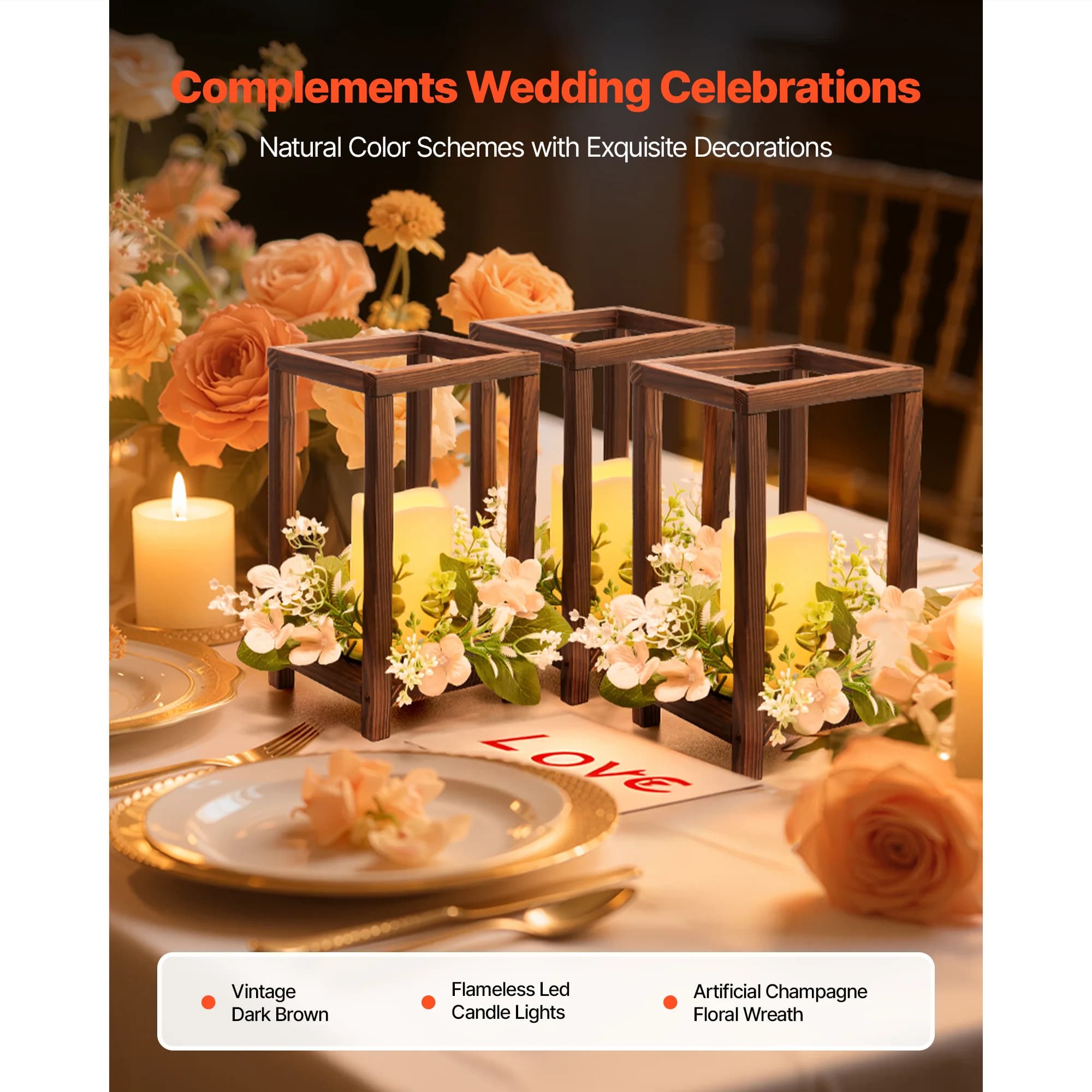 VEVOR 10 Set/30 Pcs / 12 Set/36 Pcs / 20 Set/60 Pcs Wooden Wedding Lantern Centerpiece, Includes 12 Wooden Lantern Candle Holder 12 Flameless LED Candle 12 Eucalyptus Leaves Wreath for Wedding Table Party Farmhouse Decor, Brown / White