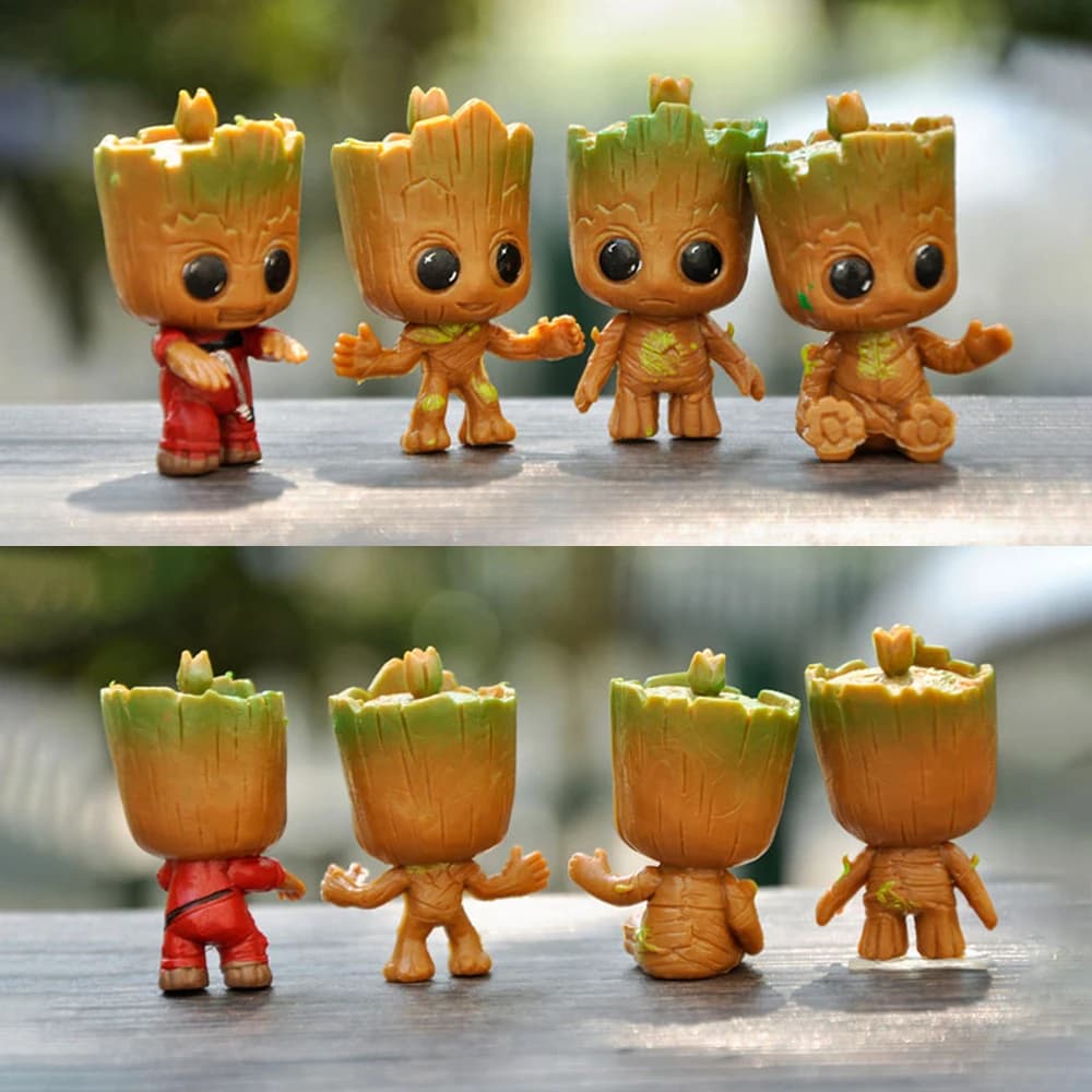 Set di 4 Pezzi Modellini in Miniatura Kawaii di Groot, Decorazioni per la Casa, Statuette Artigianali, Personaggio Anime dell'Uomo-Albero, Regalo