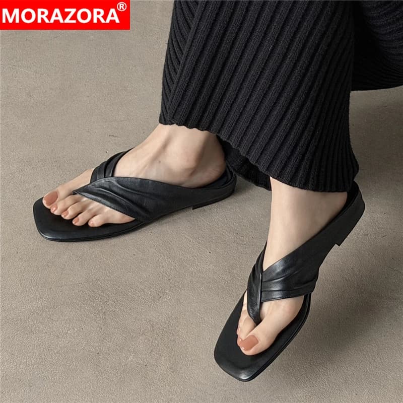 MORAZORA Plus Size 34-41 Genuine Leather Shoes Flip Flops Summer Flat Slippers Summer Party Casual Shoes Outside Slippers