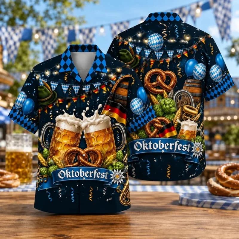 Men Oktoberfest Hawaiian Shirt 3D Print Beer Mug Pretzel Hop Pattern Lapel Short Sleeve German Beer Festival shirts Tops