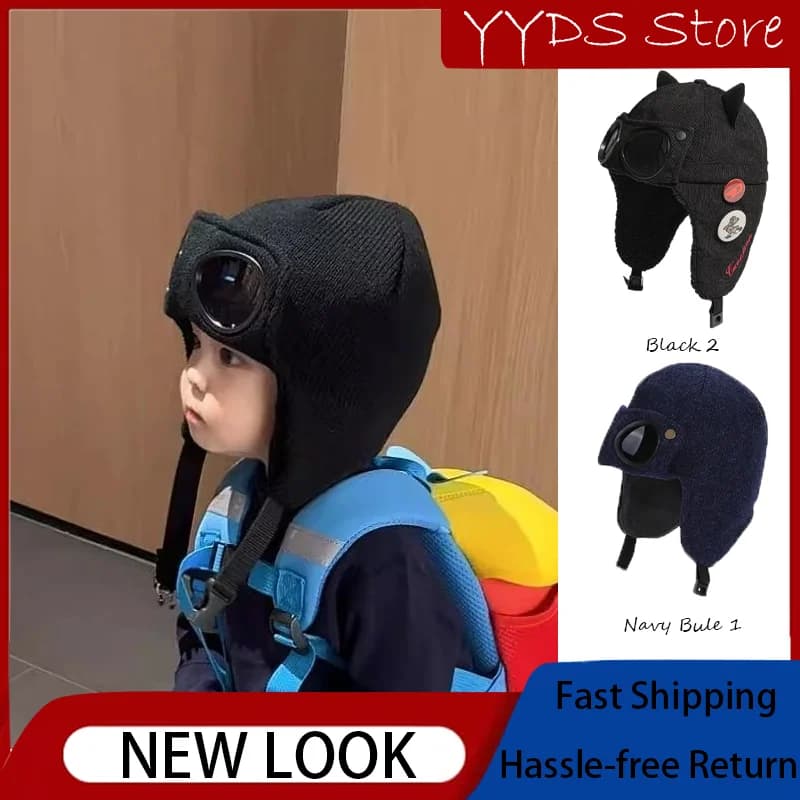Winter Parent-child Fleece Aviator Hat with Goggles, Cute Cat Ear Thickened Warm Earflap Ski Trapper Cap for Boys Girls