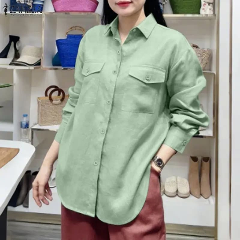 Camicia da donna ZANZEA Primavera 2026 alla moda, con colletto a risvolto, maniche lunghe, elegante blusa da lavoro, casual, tinta unita, con bottoni, taglie forti