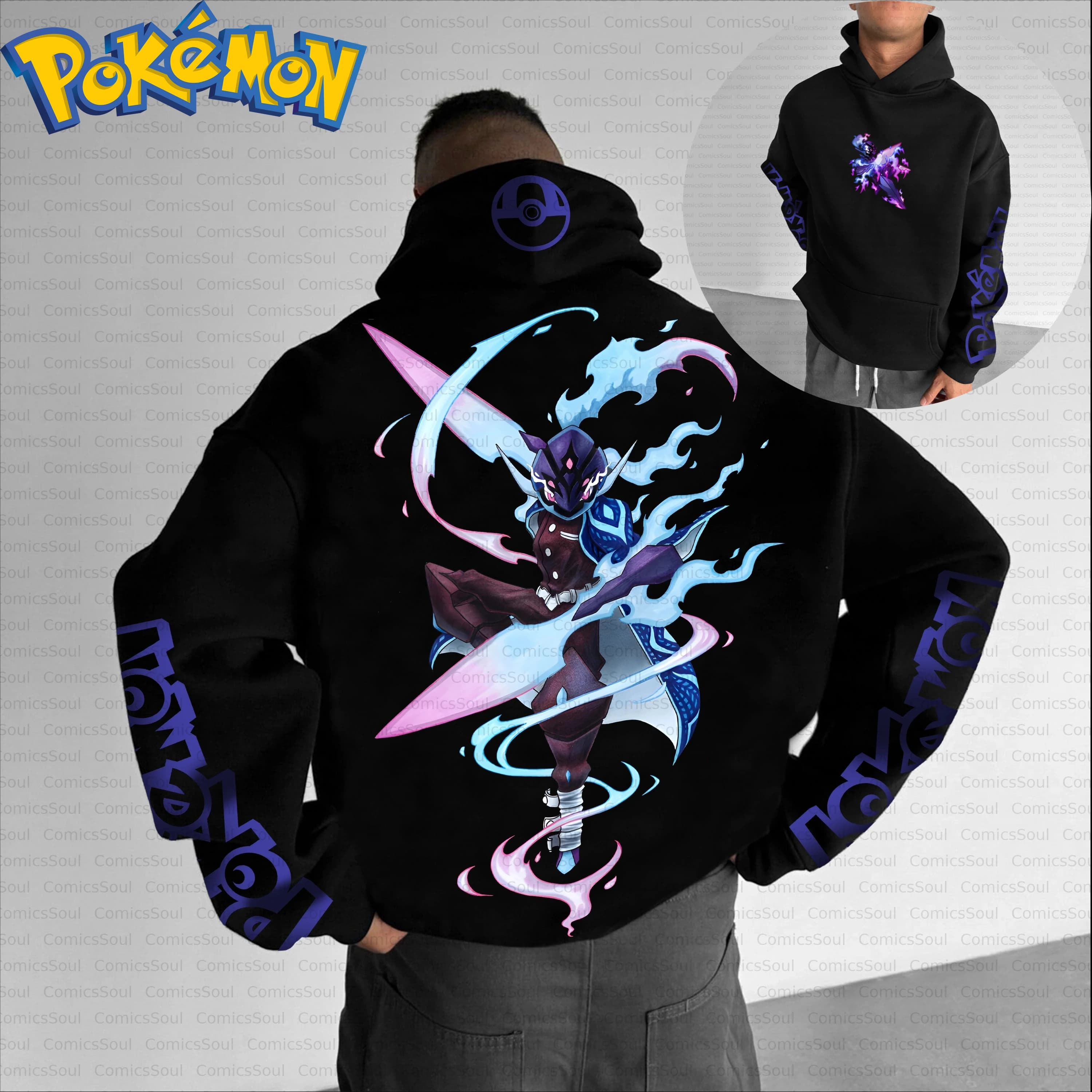 Felpa con cappuccio Pokemon in cotone nero e pantaloni Harajuku con stampa sul retro del carattere dinamico, effetti blu rosa e motivo a maniche