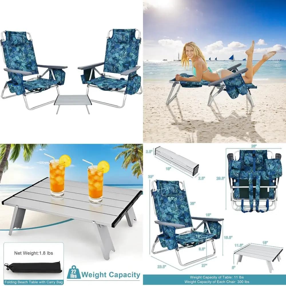 Sedia da spiaggia pieghevole portatile con zaino, braccioli, dispositivo di raffreddamento, portabicchieri, portasciugamani, tasche laterali, imbracatura per prendere il sole, ideale per O
