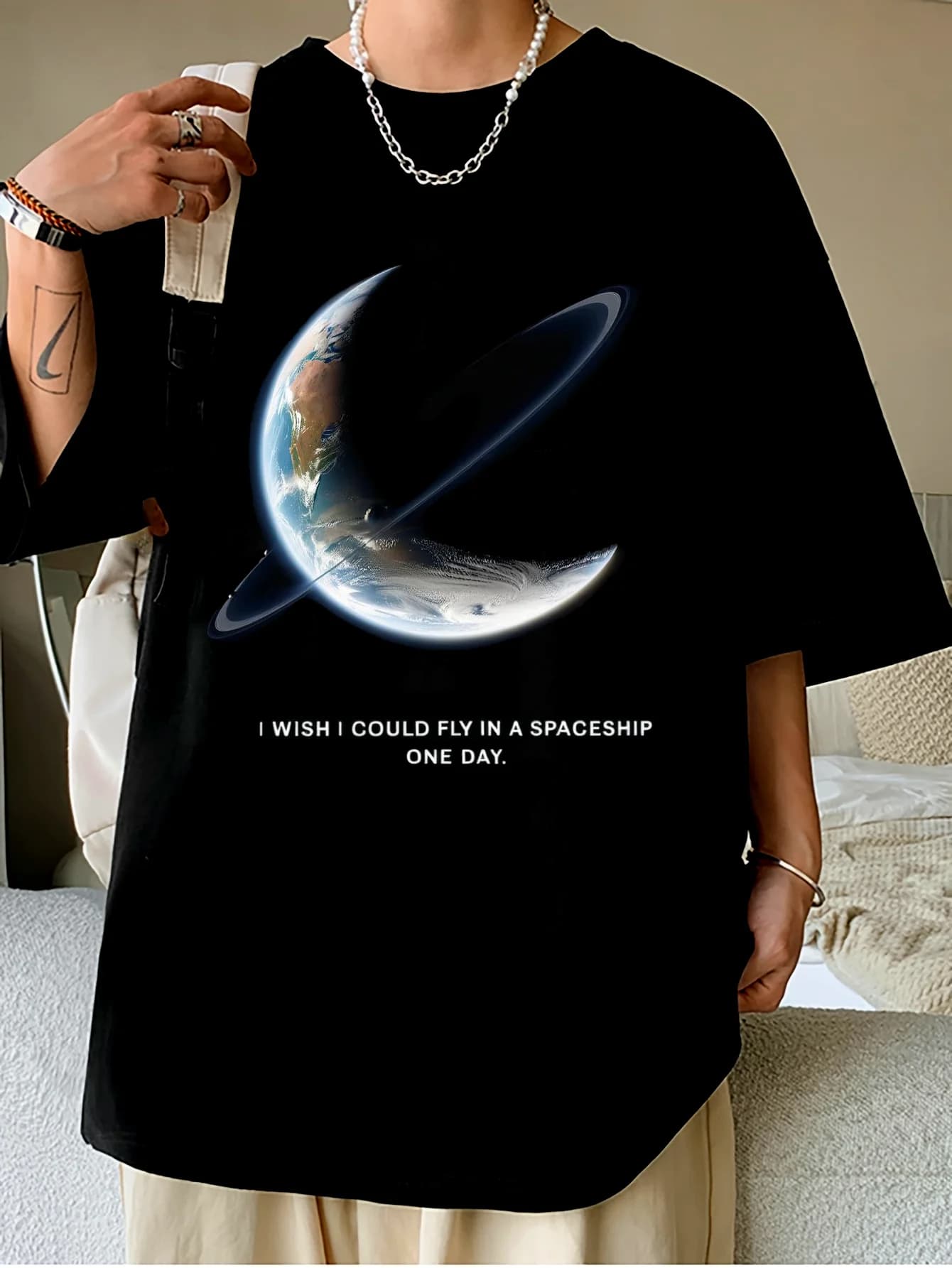 T-shirt da uomo "I WISH", top casual girocollo a maniche corte, comfort lavabile in lavatrice, versione ampia, tessuto morbido