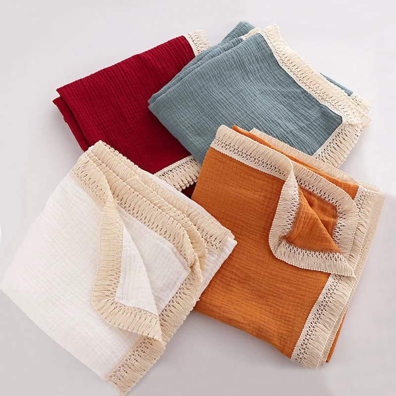 Baby Cotton Muslin Blanket Infant Fringe Swaddle Blanket Babies Sleeping Bed Cover