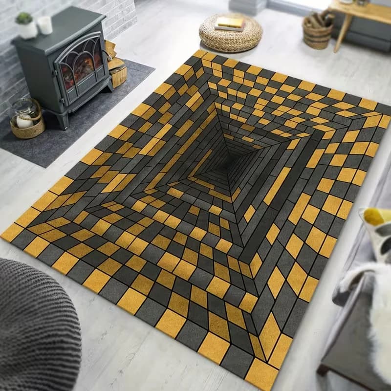 2D Vortex Illusion Black Gold Checkered Rug Non Slip Mat Creative Visual Trap Design Living Room Bedroom Entryway Funny Carpet