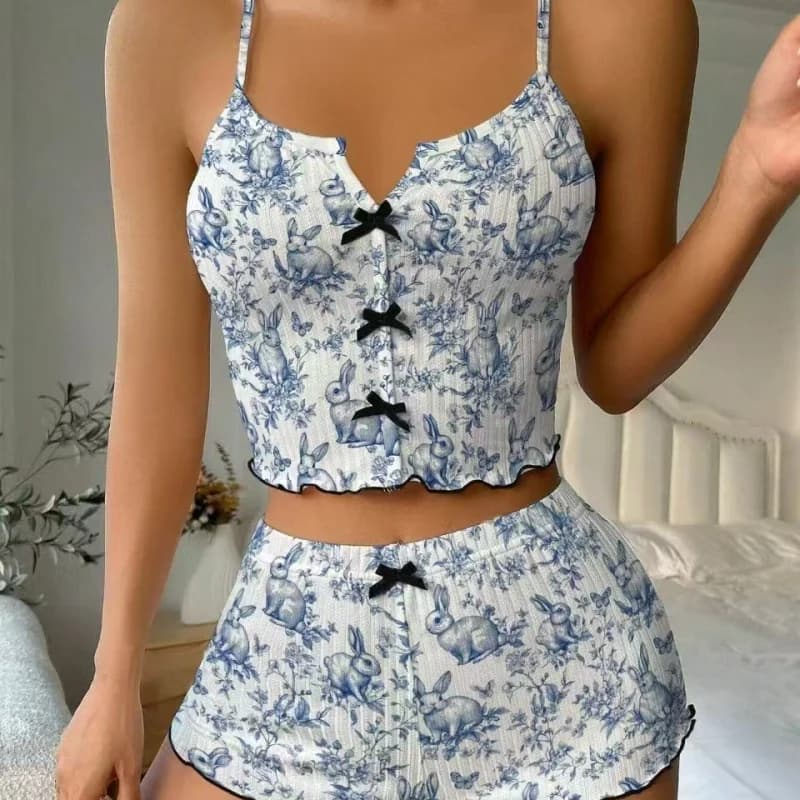 Women Floral Rabbit Bow Front Cami Crop Top Short Pants Sleepwear Set Home Lounge Daily Casual Outfit