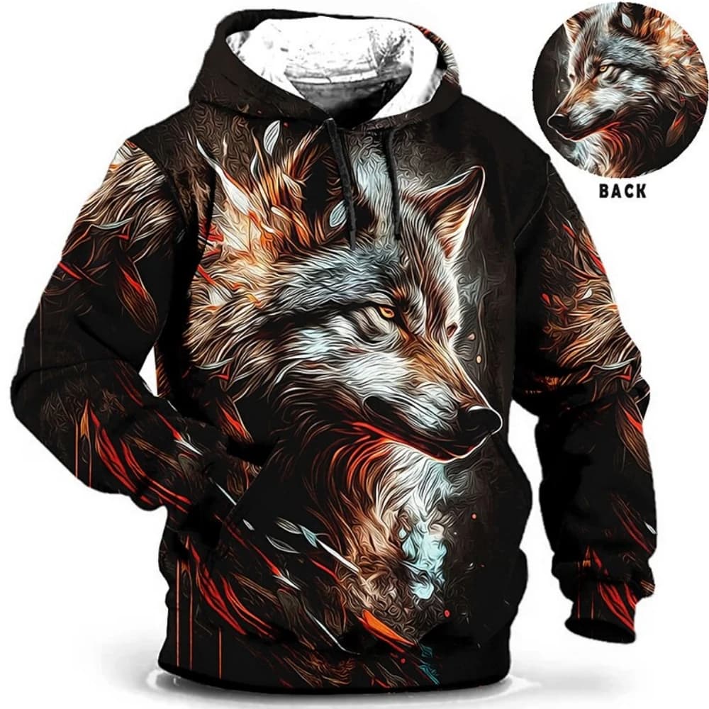 Felpe con cappuccio vintage da uomo lupo modello animale stampa 3d aquila leopardo top autunno inverno casual manica lunga tigre oversize con cappuccio