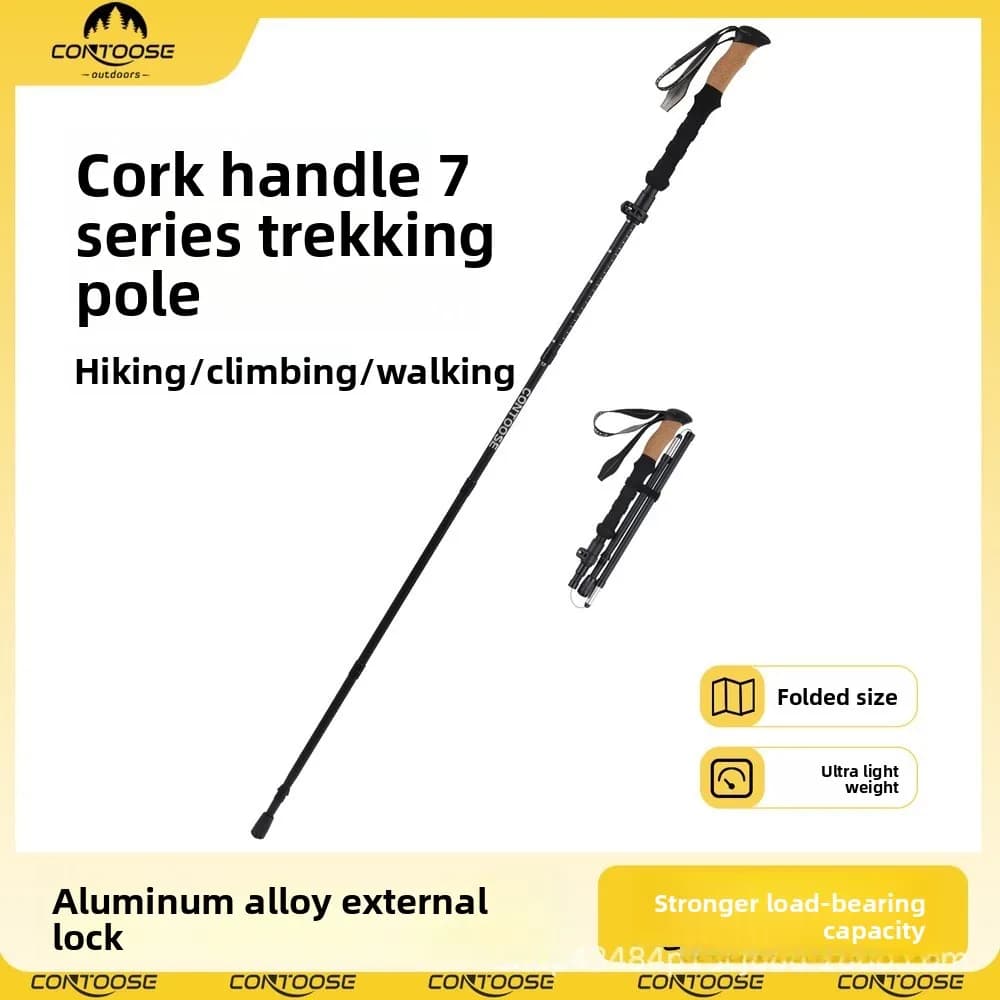 7075 Aluminum Folding Trekking Pole Single Pack Lightweight Hiking Stick 37cm Compact Cork Handle Outdoor Gear