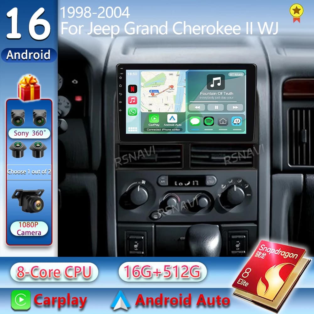 Autoradio Android 16 Carplay per Jeep Grand Cherokee II WJ 1998 - 2004 Navigazione GPS Lettore Multimediale Stereo WIFI+4G 2DIN