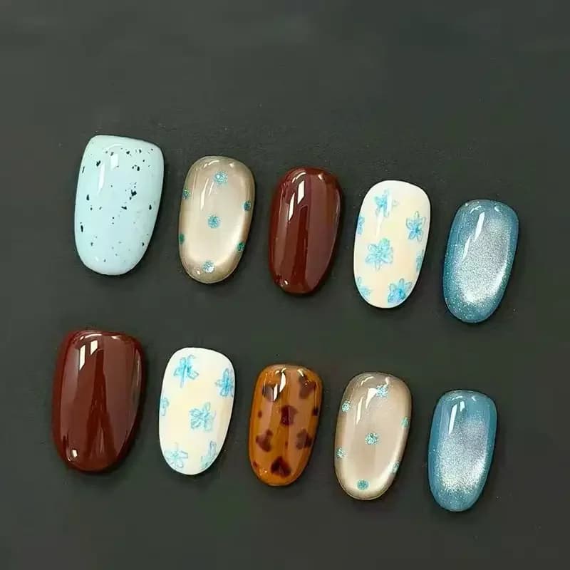 Turquoise Caramel Cat’s Eye Wearable Nails, Dopamine‑Vibes High‑End New Short Oval Style, Spring/Summer Nail‑Tip Factory Direct