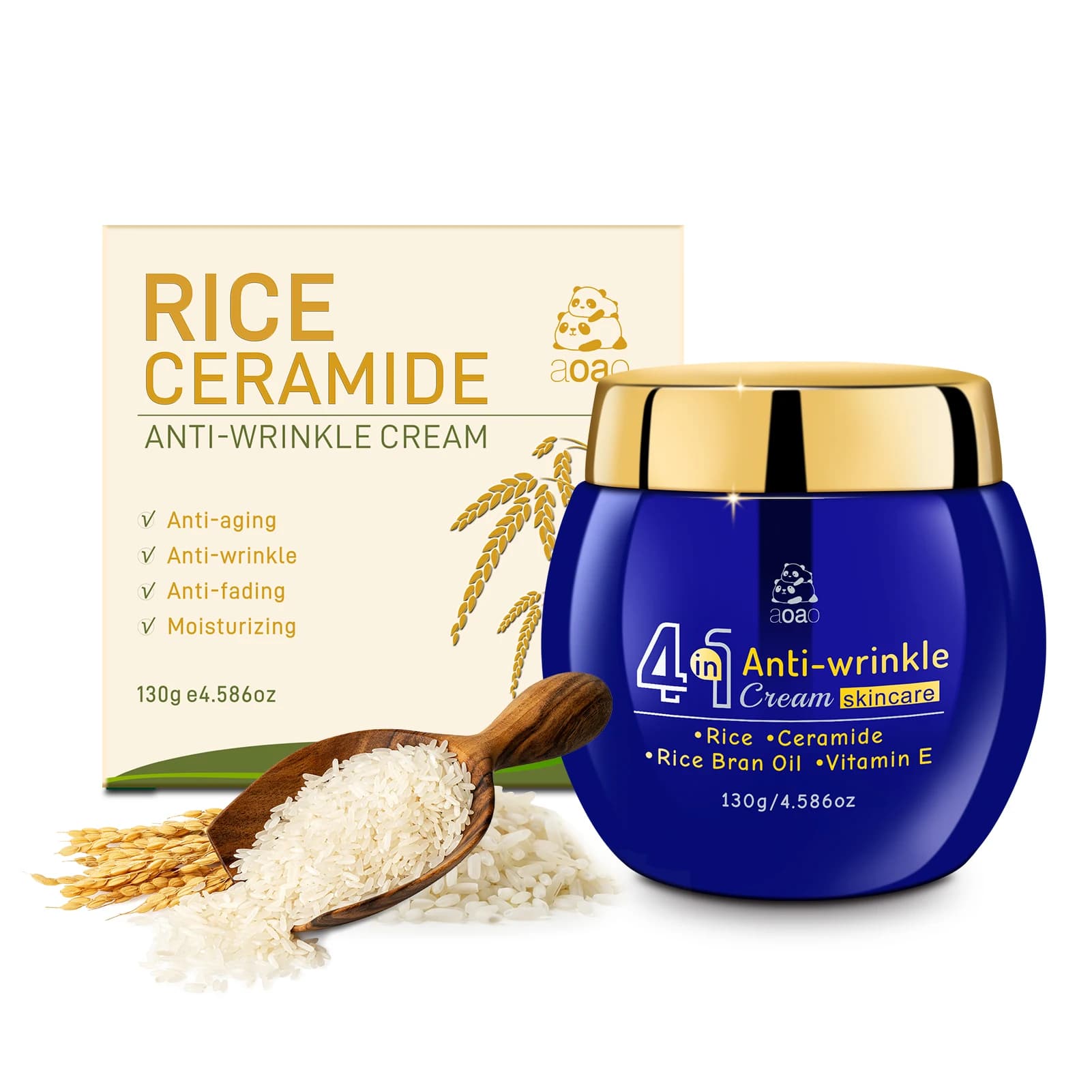 Crema antirughe 4 in 1 con riso, ceramidi, olio di crusca di riso e vitamina E – Crema nutriente idratante antietà.