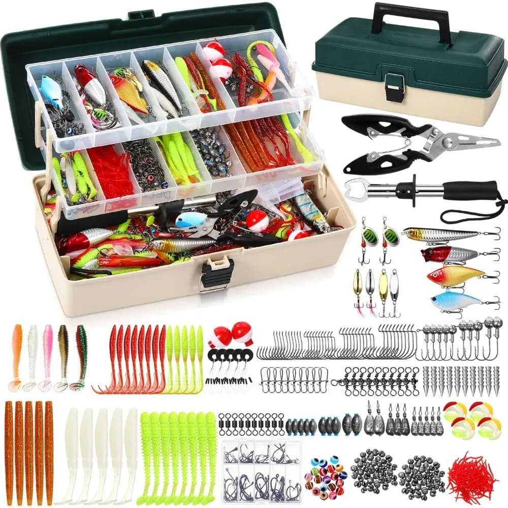 Kit da Pesca 517 Pezzi a 3 Strati con Esche, Pinze, Pinza per Pesci, Ami, Crankbait e Accessori