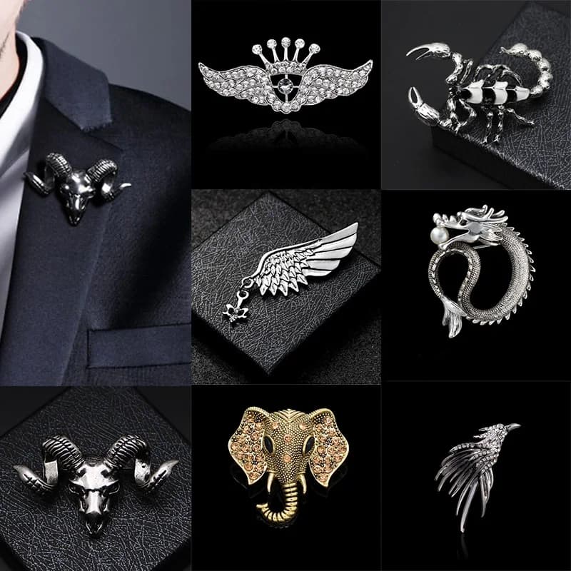 Fashion Retro Brooch Pin for Men Hawk Wing Crown Rudder Elk Owl Leaf Badge Suit Shirt Collar Accessories British Style