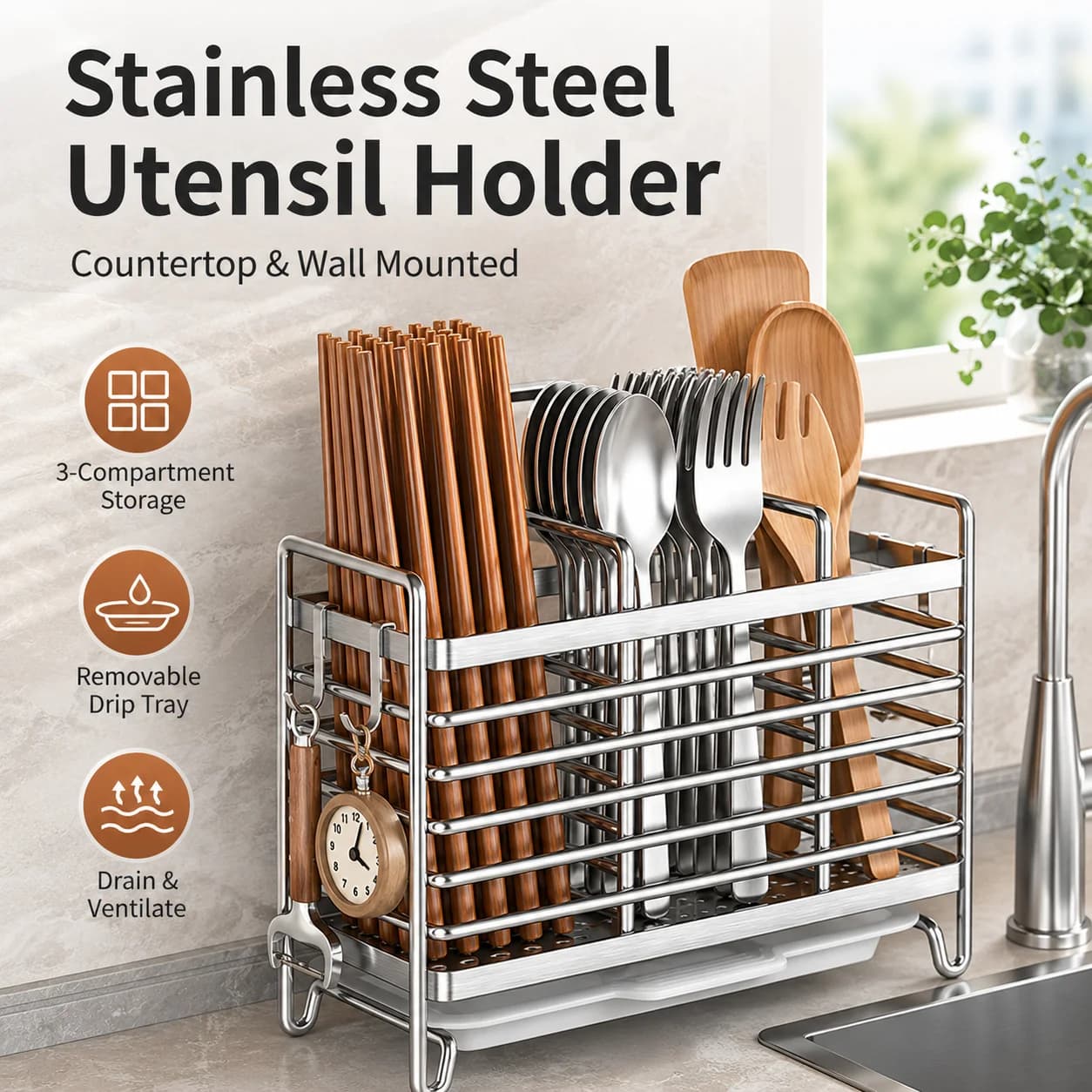 1pc Stainless Steel Chopstick Holder Kitchen Cutlery Organizer Drain Rack Spoon Fork Storage Basket for Home
