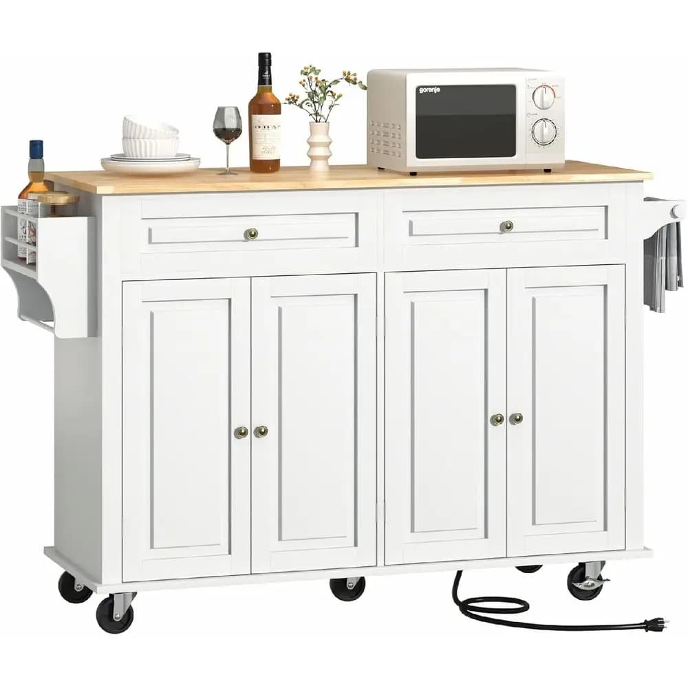 Isola da Cucina Regolabile 55 Pollici con Piano Ribaltabile, Carrello con Ruote e Vano Portaoggetti, Presa di Corrente, 2 Cassetti, Porta Spezie, Portasciugamani, Bianco