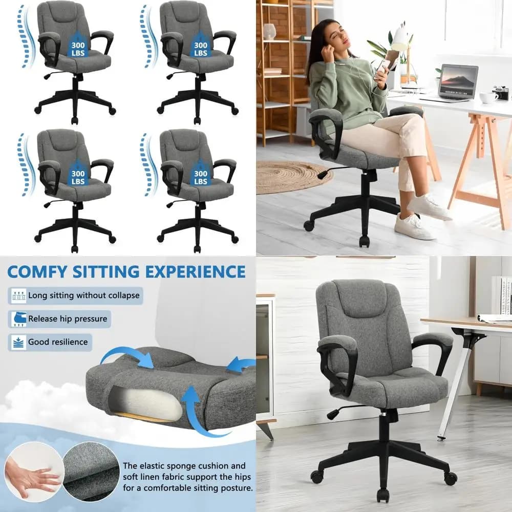 sedia da scrivania ergonomica girevole con tessuto imbottito, braccioli imbottiti, altezza regolabile e cuscino scorrevole in lino per ufficio domestico