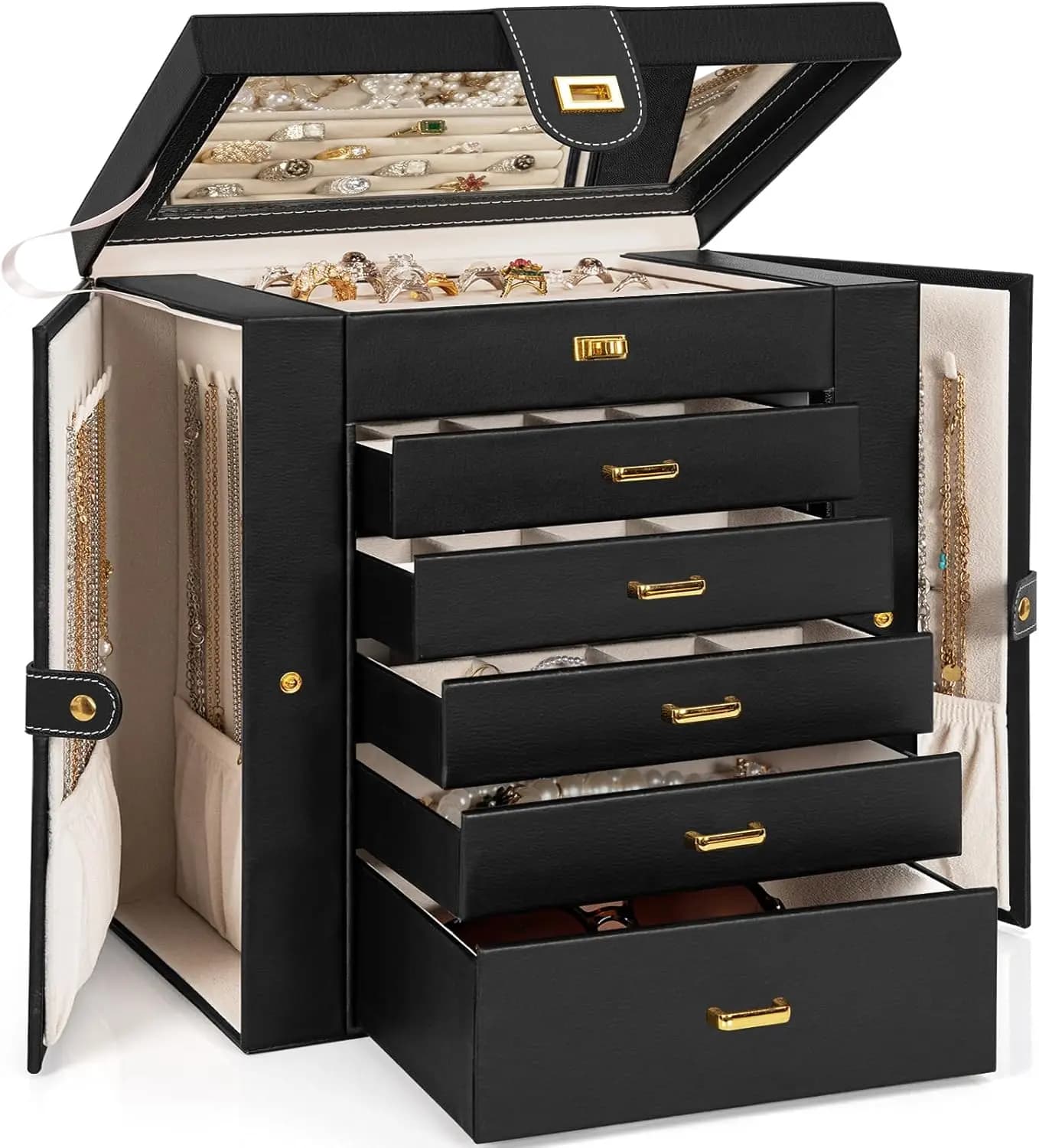 Huge Jewelry Box Organizer Functional Extra Large Leather Jewelry Storage Case for Women Girls Ring Necklace Earring Bracelet Holder Organizer with Mirror Black