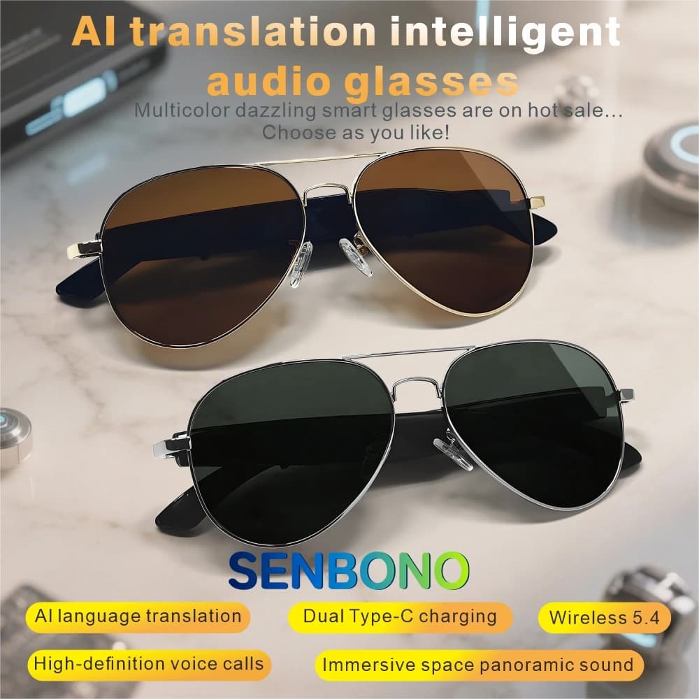 SENBONO Fashionable Sunglasses Translator AI Smart Glasses Call Bluetooth Music Reproduction Voice Assist Outdoor Glasses for Man Woman