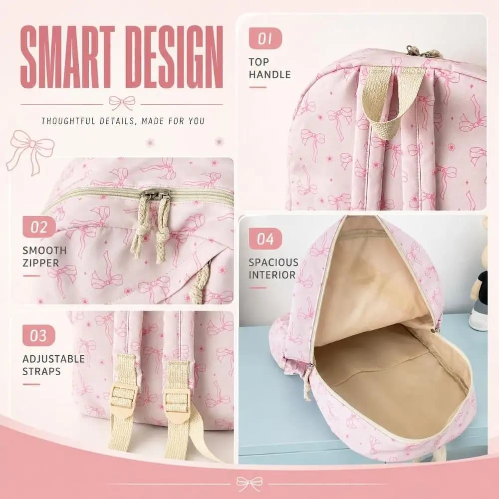 3PCS Bow Print Backpack,lunch Bag,Pencil Case Set Lightweight Multicolor Schoolbag Set Spacious Portable Student Rucksack Set