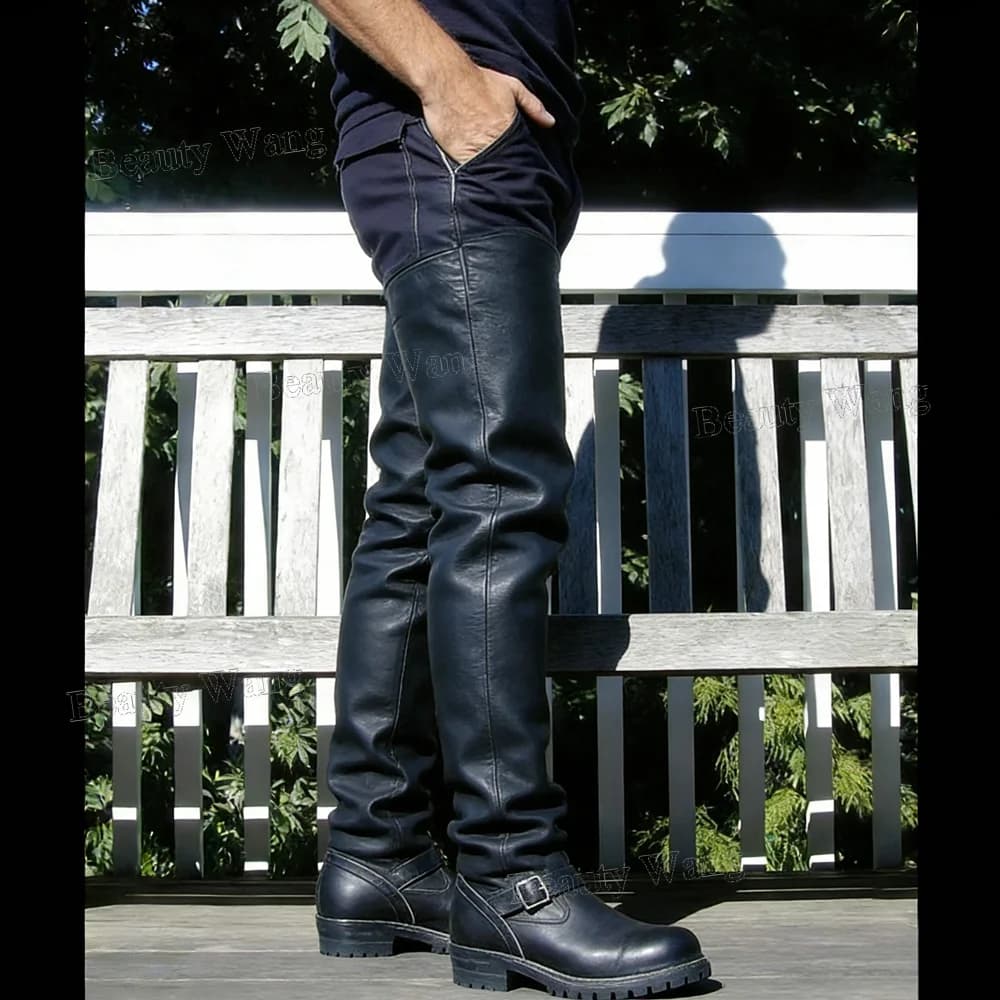 Stivali Alti Neri da Uomo con Fibbia alla Caviglia, Stivali Solidi Sopra il Ginocchio in Pelle Opaca, Scarpe Comode e alla Moda per Uomo