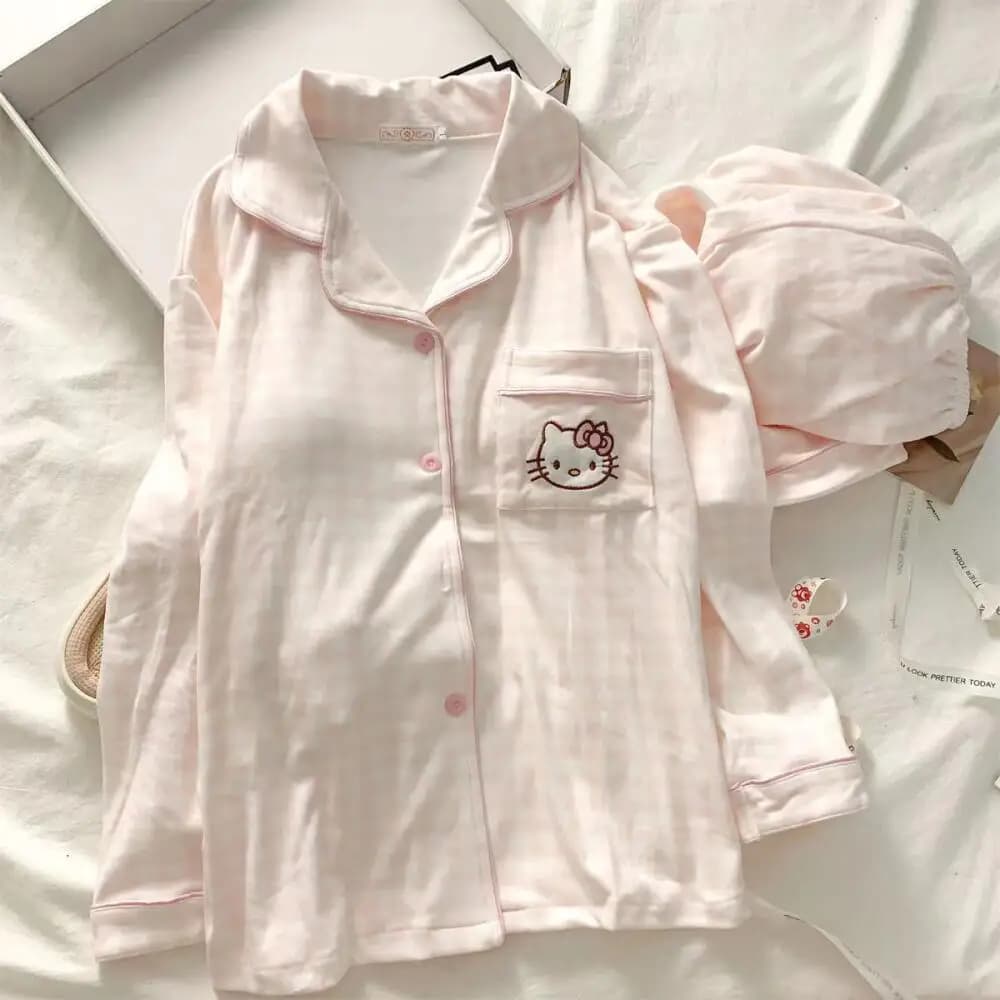 Pigiama da Donna Hello Kitty 2 Pezzi, Set Anime Kawaii Invernale Caldo e Dolce, Maniche Lunghe, Abbigliamento da Casa Carino per Ragazze
