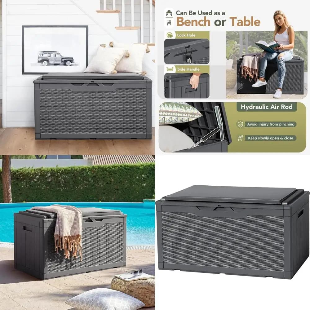 Contenitore Impermeabile in Resina da 98 Galloni con Cuscino, Scatola di Stoccaggio con Chiusura per Esterni, per Attrezzi e Accessori da Piscina (Grigio)