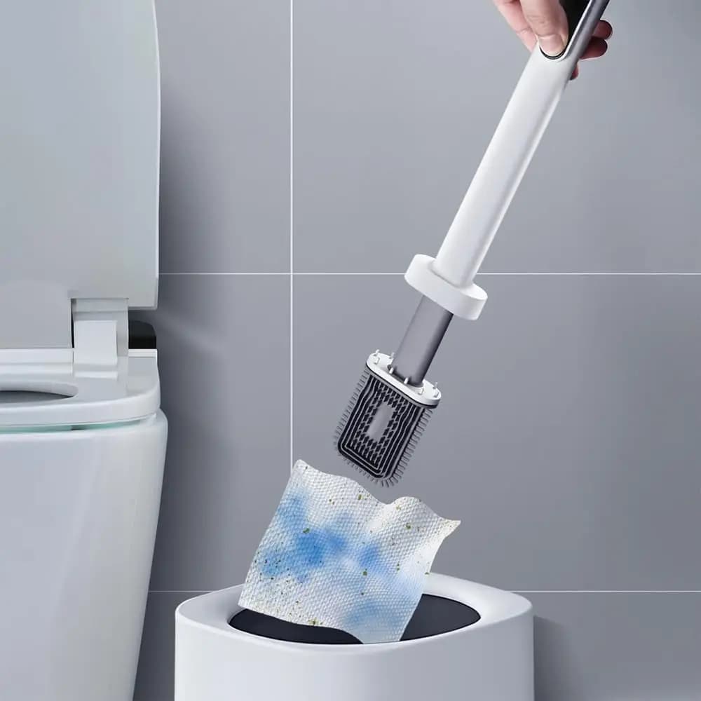 Disposable toilet brush with silicone head and hands-free wet wipe attachment for easy mess-free cleaning