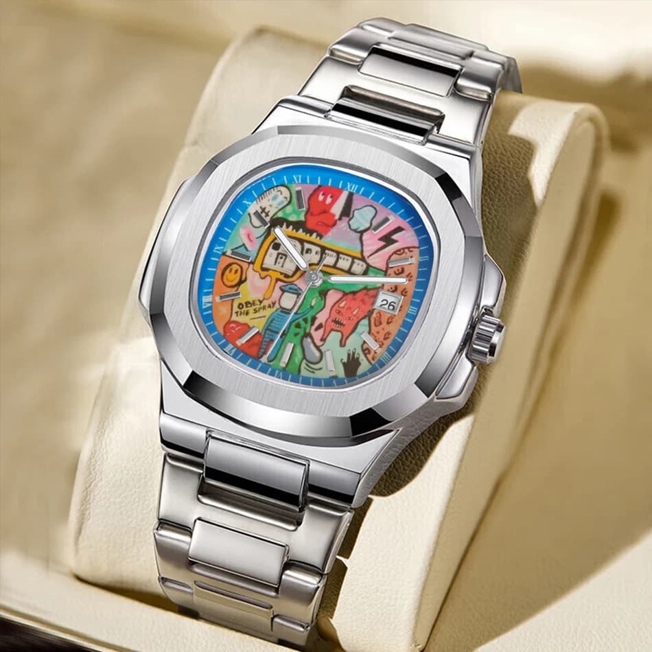 Men's Square Retro Light Brand Luxury Authentic Dial Graffiti Alloy Strap Quartz Watch Waterproof Men's Luminous Wrist Watch