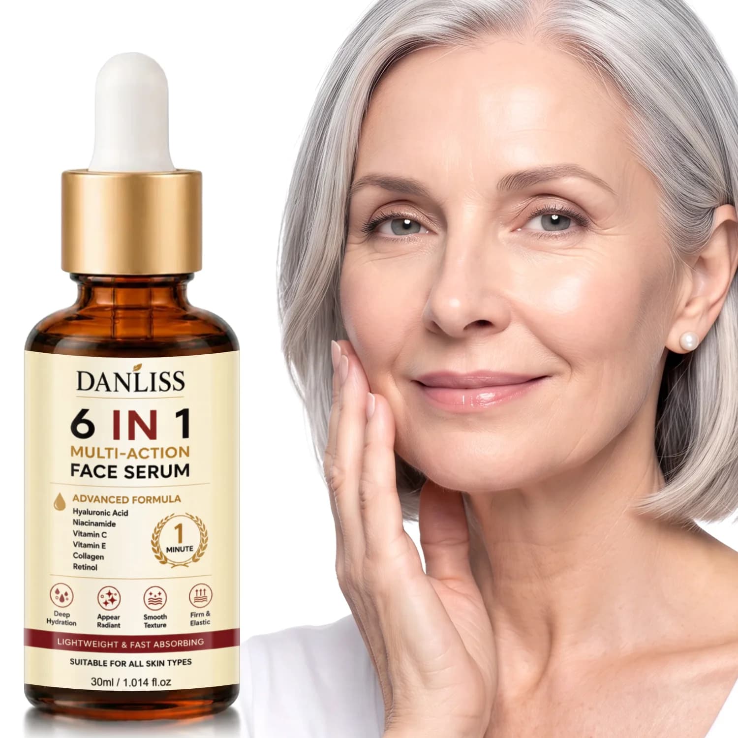 6 in 1 Multi-Action Face Serum with Hyaluronic Acid, Retinol & Vitamin C - Anti-Aging & Brightening Skin Serum for Firming.