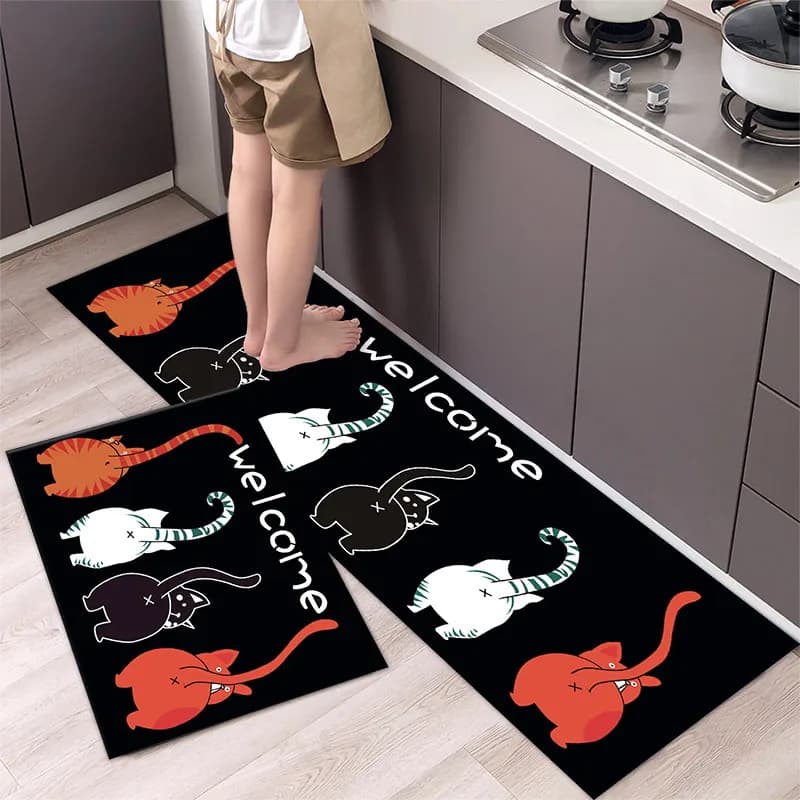 VIKAMA Welcome Cartoon Cat Kitchen Mat Set Waterproof Non Slip Runner Rug Stain Resistant Easy Wipe Indoor Kitchen Floor Carpet