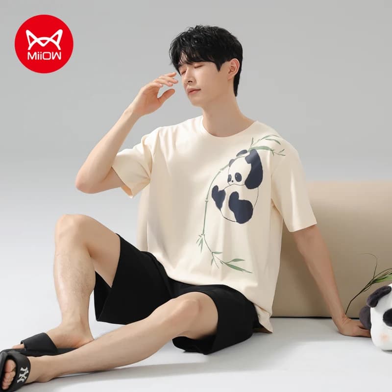 MiiOW Cotton 2Pcs Men's Pajamas Set Short Sleeve Mens Summer Homewear Big SIze L-3XL Man Breathable Letter Sleepwear Men Pajamas