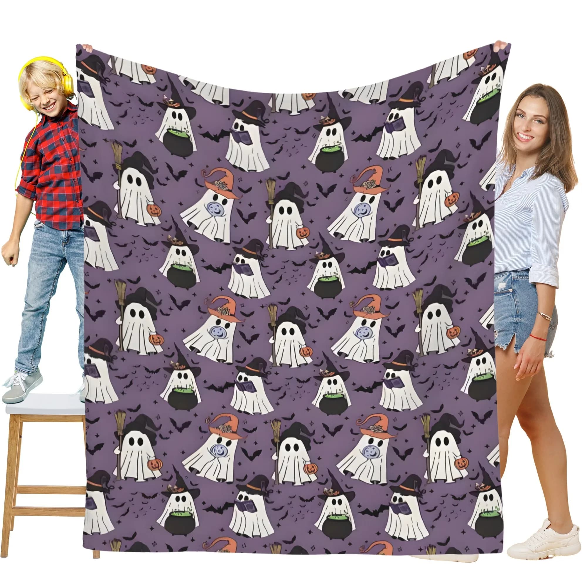 Coperta in flanella fantasma di cartone animato viola di Halloween, morbida e calda, adatta a tutte le stagioni, adatta per divani, letti, uffici e