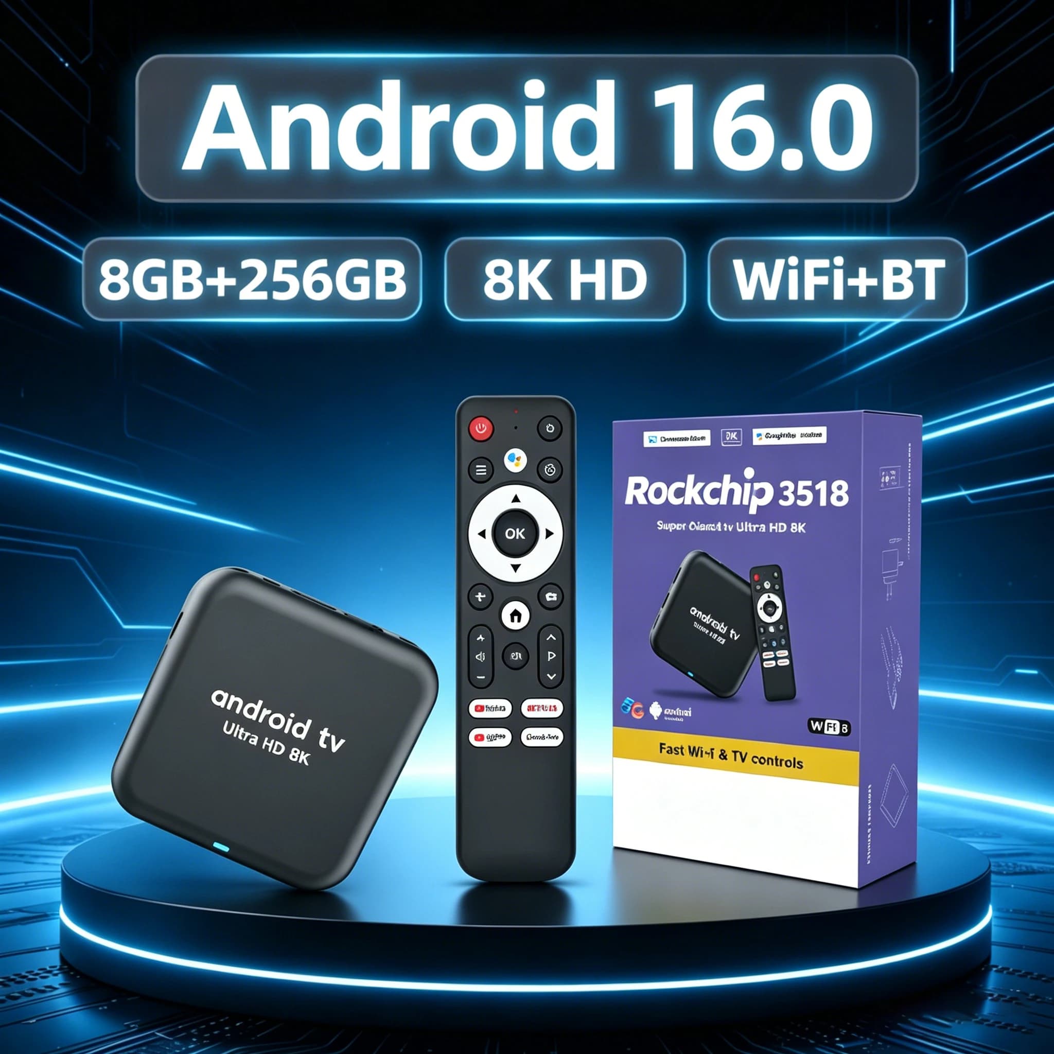 Android16 Smart TV Box RK3518 Q18 Dual Band WiFi6 BT5.4 8GB 256GB 8K HD Video Voice Assistant Streaming Media Player Set Top Box