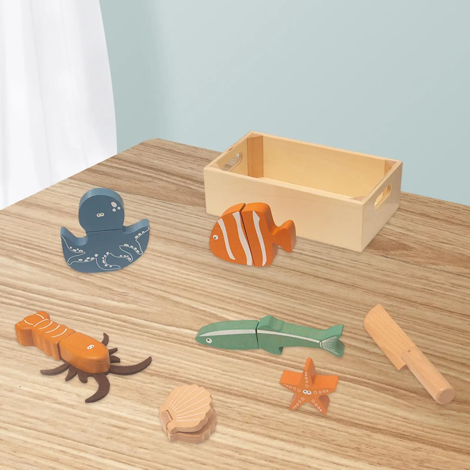 Gioco in legno Taglio di alimenti Set di frutti di mare Accessori da cucina Giocattolo di apprendimento Giocattoli per la prima educazione per ragazzi Ragazze Regalo per bambini di 3 anni