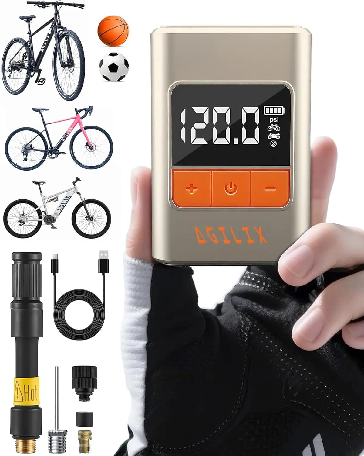 Pompa Elettrica Portatile per Pneumatici di Biciclette con Manometro Digitale, 120PSI con Arresto Automatico, Ricaricabile USB-C per Biciclette, Moto e Palloni