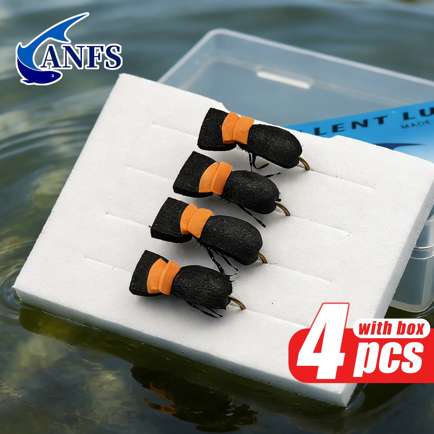 ANFS 4 Pezzi Mosche Artificiali in Schiuma a Forma di Coleottero con Scatola Portaoggetti, Mosche Secche Annodate a Mano per la Pesca, Regalo per la Pesca a Mosca