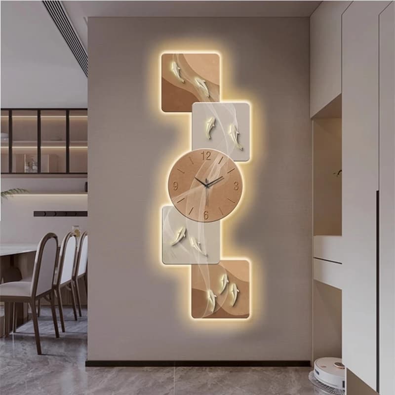 Silent Digital Wall Clock to Nine Fishes, Model 2026, for Living, Corridor, Luminescent LEDs, House Wall Decoration