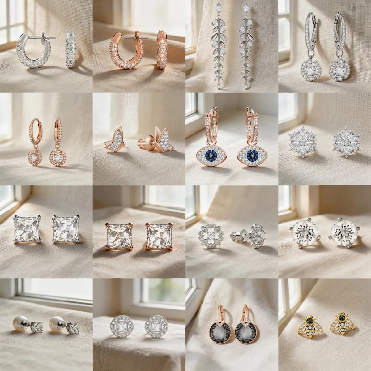 Silver & Rose Gold Mixed Style Cubic Zirconia Stud Huggie Hoop Drop Earrings Square Round Floral Evil Eye Bee Leaf Long Tassel Dangle Earrings for Women
