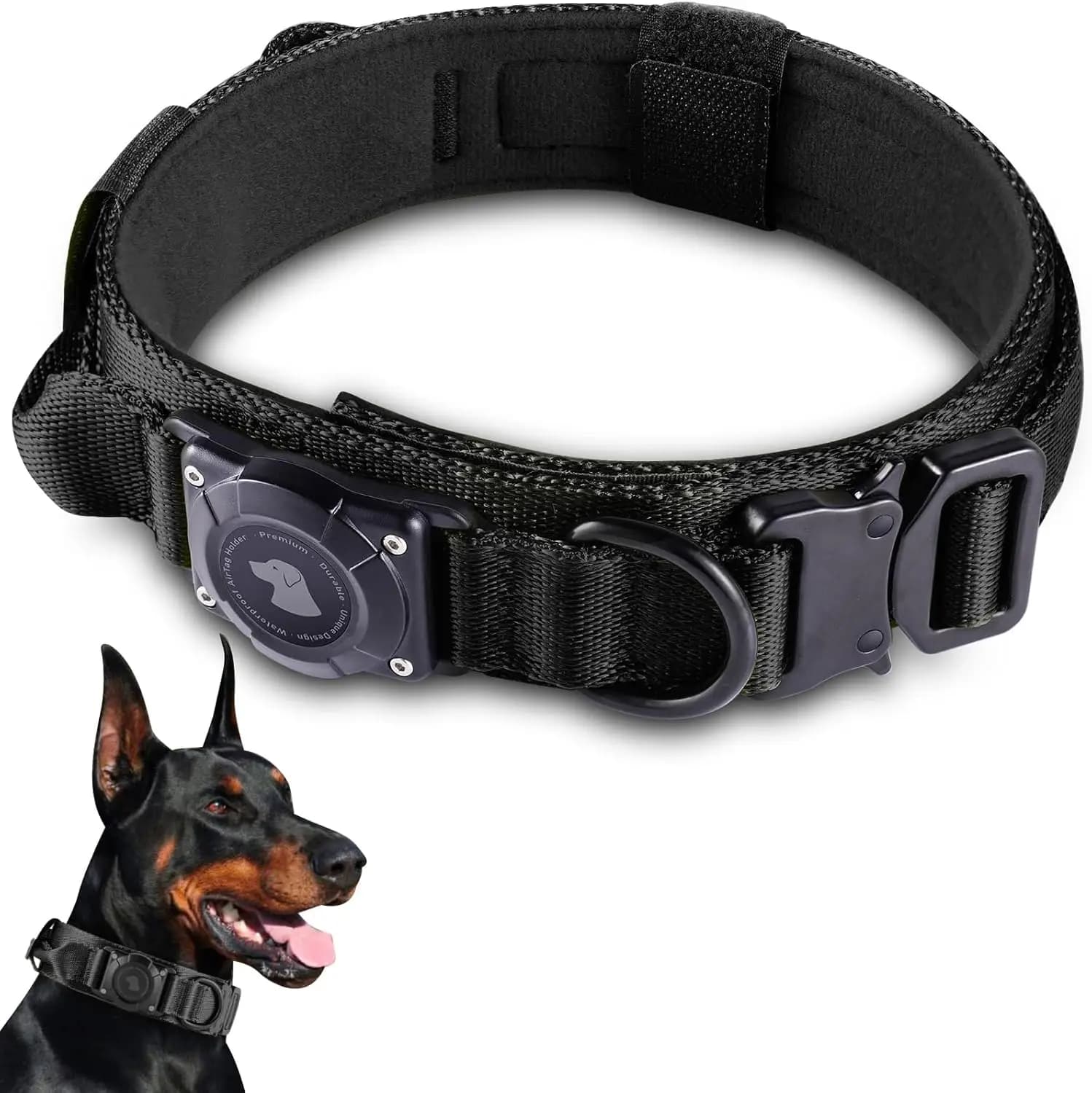 Collare per Cani AirTag Impermeabile 2025 con Comoda Impugnatura, Fibbia in Metallo per Cani di Taglia Media e Grande - Nero M