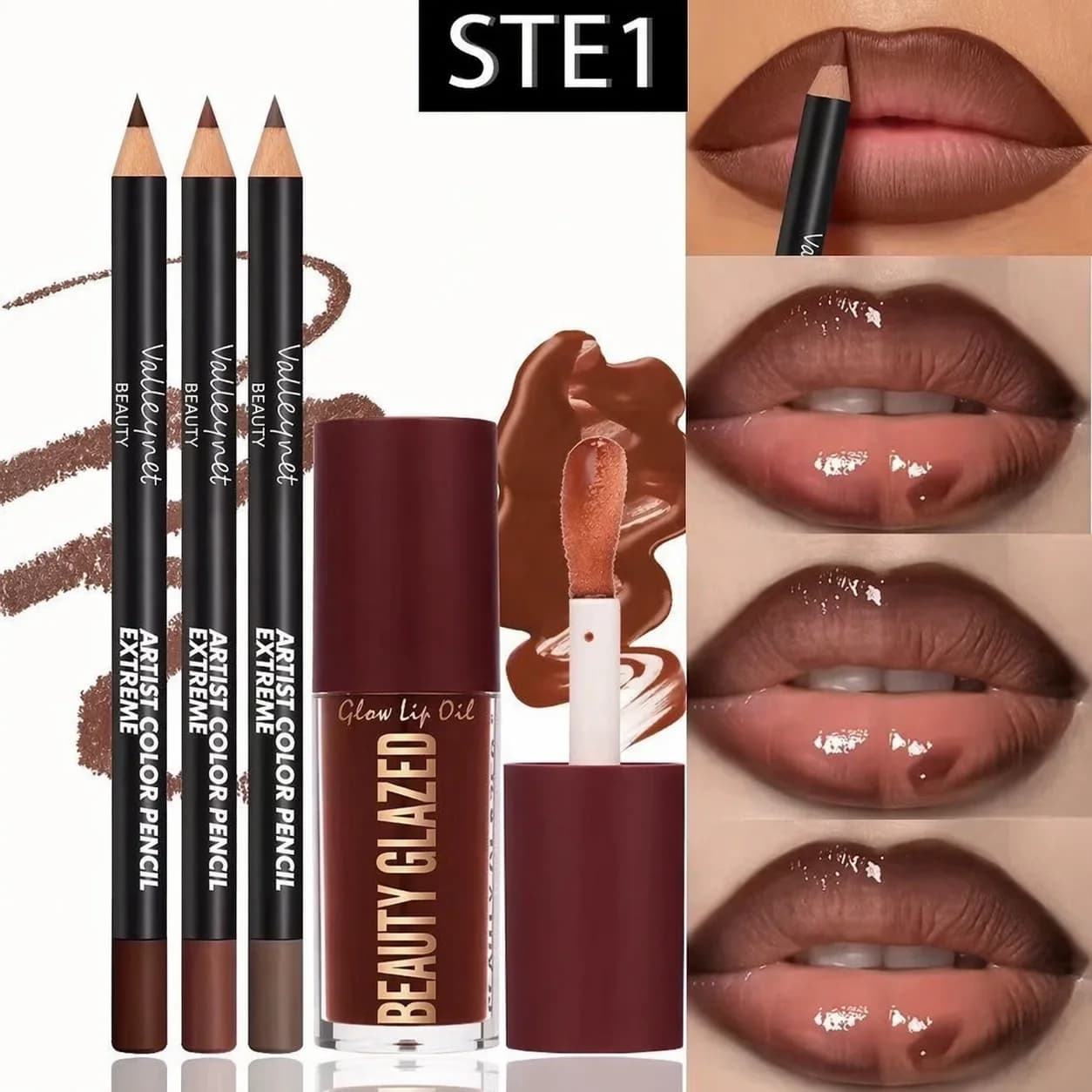 Set of 4 lip products: 3 lip pencils + 1 lip gloss, waterproof and long lasting matt effect, versatile for casual and formal occasions.