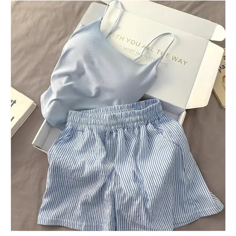 Solid color pyjamas with chest protectors Striped shorts Women's slim canoe summer shorts Pigiama large two-piece