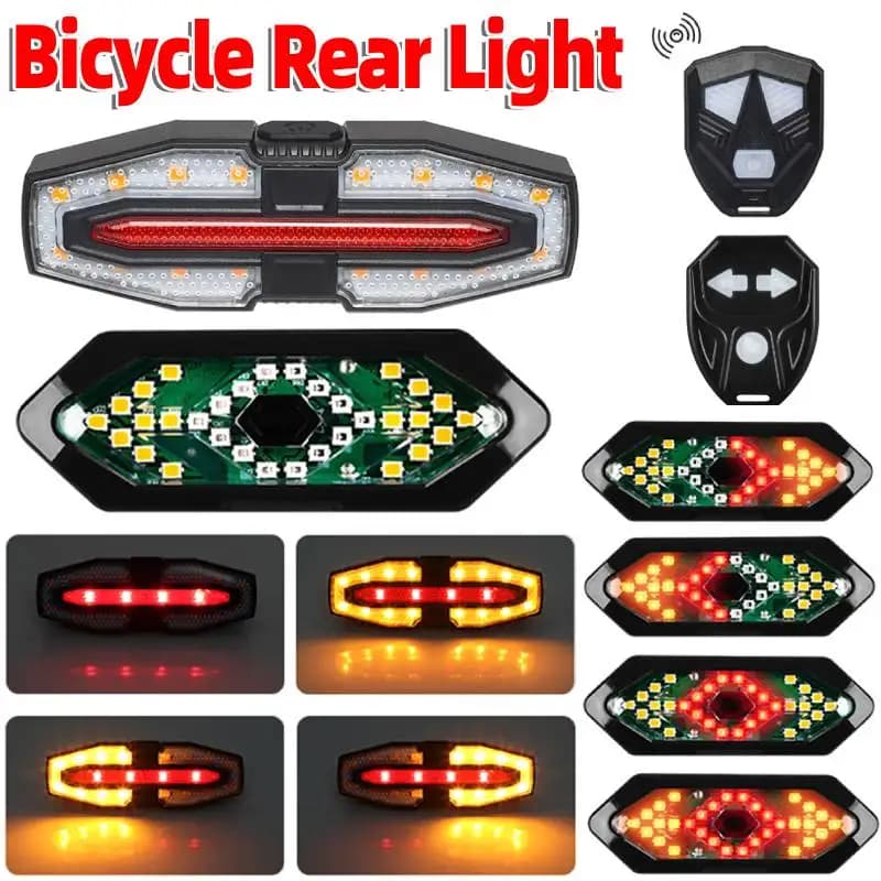 Bicycle Rear Light with Direction Indicators, Rechargeable, Wireless Remote Control, Night Cycling Safety Lights