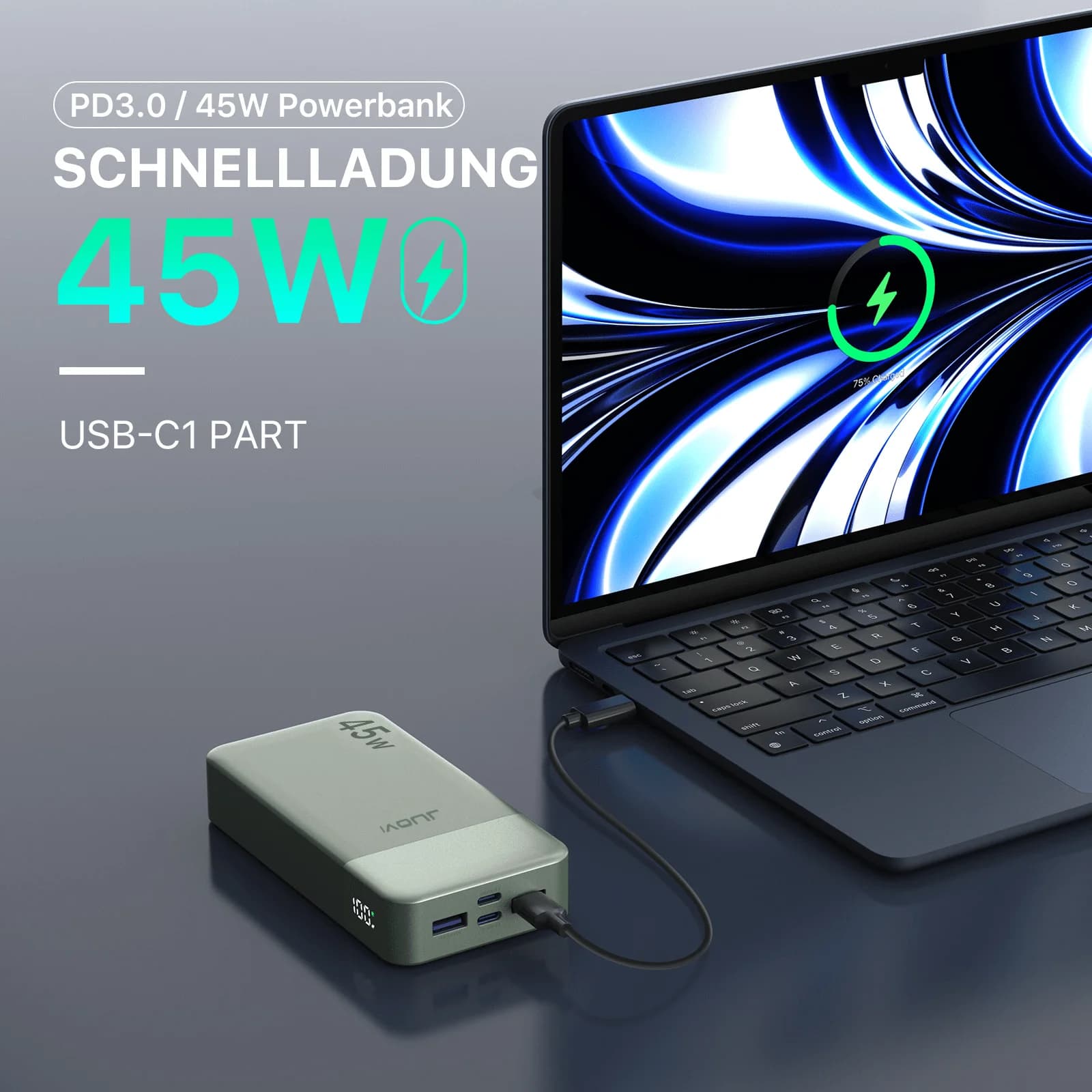 JUOVI Portable Charger, 20000mAh Power Bank, 45W Power Bank Fast Charging, Battery Pack With C To C Cable, Battery Bank With Digital Display For Phone Android Laptop Etc(Black) Suitable For Summer Holiday Outdoor Travel/Camping And Emergency Backup Mobile