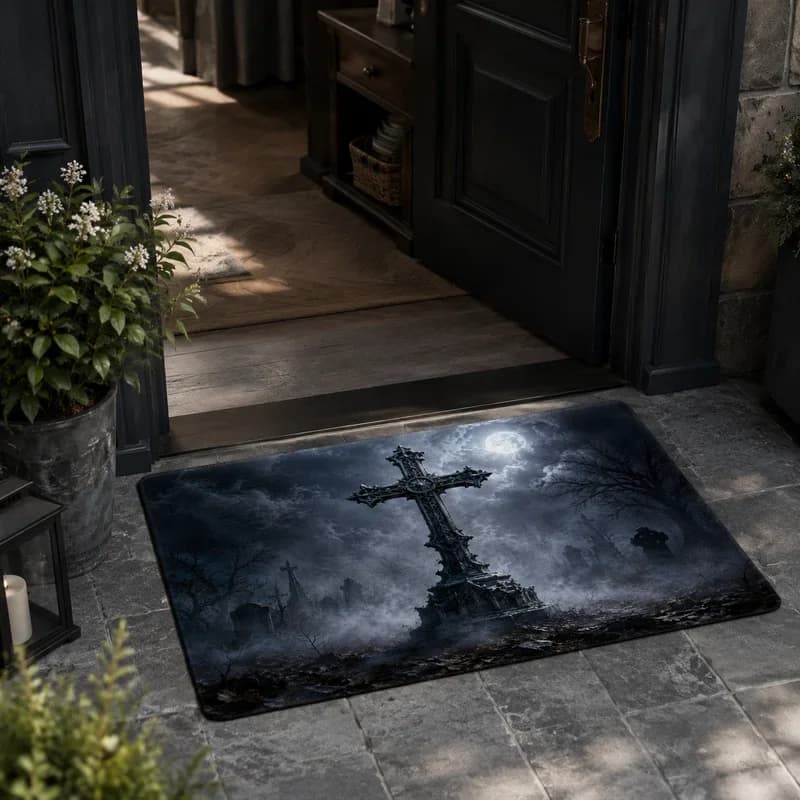 Dark Gothic Moon Cemetery Cross Doormat Non Slip Washable Entry Mat Indoor Outdoor Spooky Aesthetic Home Floor Rug