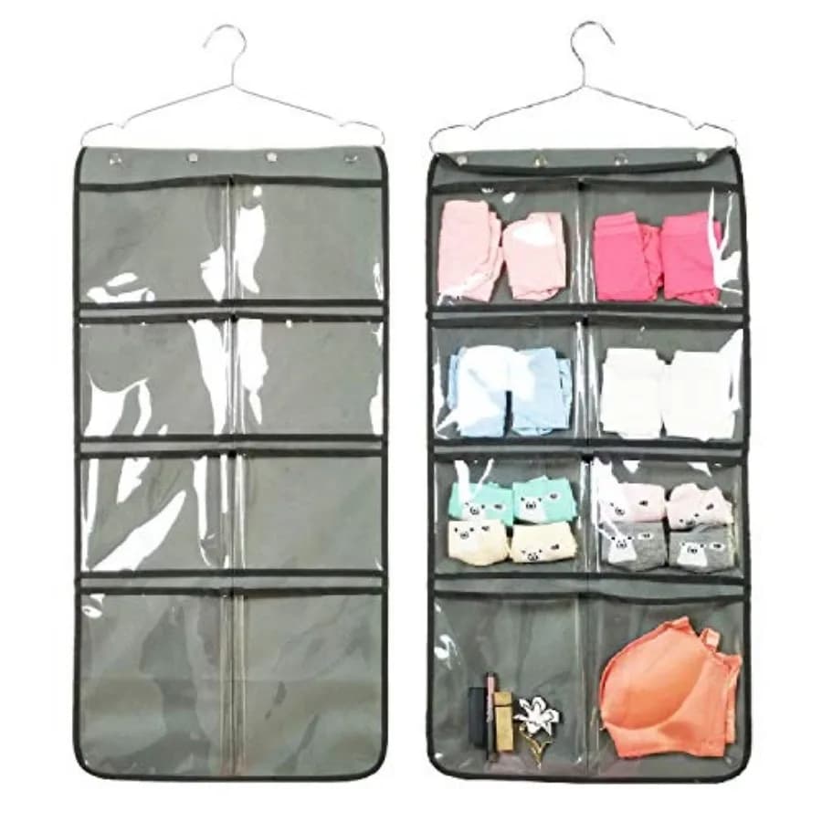 Durable Hanging Closet Underwear Sock Bra Stocking Organizer Dual-Sided Accessories Storage with 16 Large Clear Pockets Grey