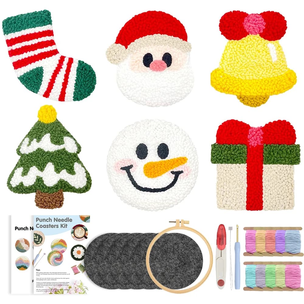 Punch Needle Coasters Kit 6Pcs DIY Cute Cartoon Drink Coasters with Christmas Design Drink Coaster Punch Needle Kit for Adults
