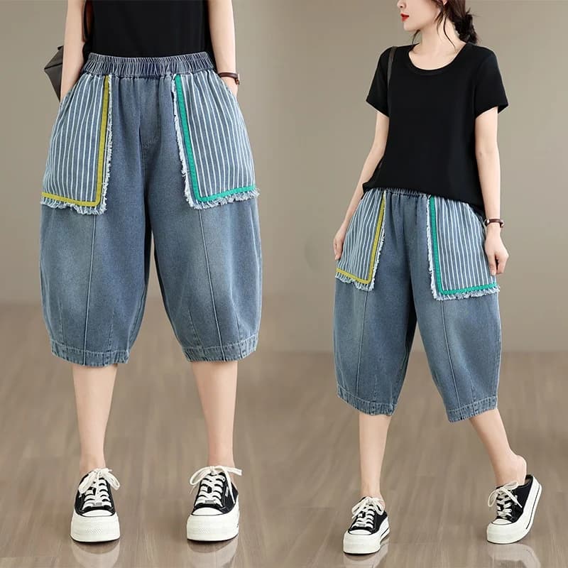 Casual Style Slim Fit Jeans Women's Lightweight Elastic Waist Seven-Foot Pants Summer Cotton Non-Stretch Loose Fit Jeans