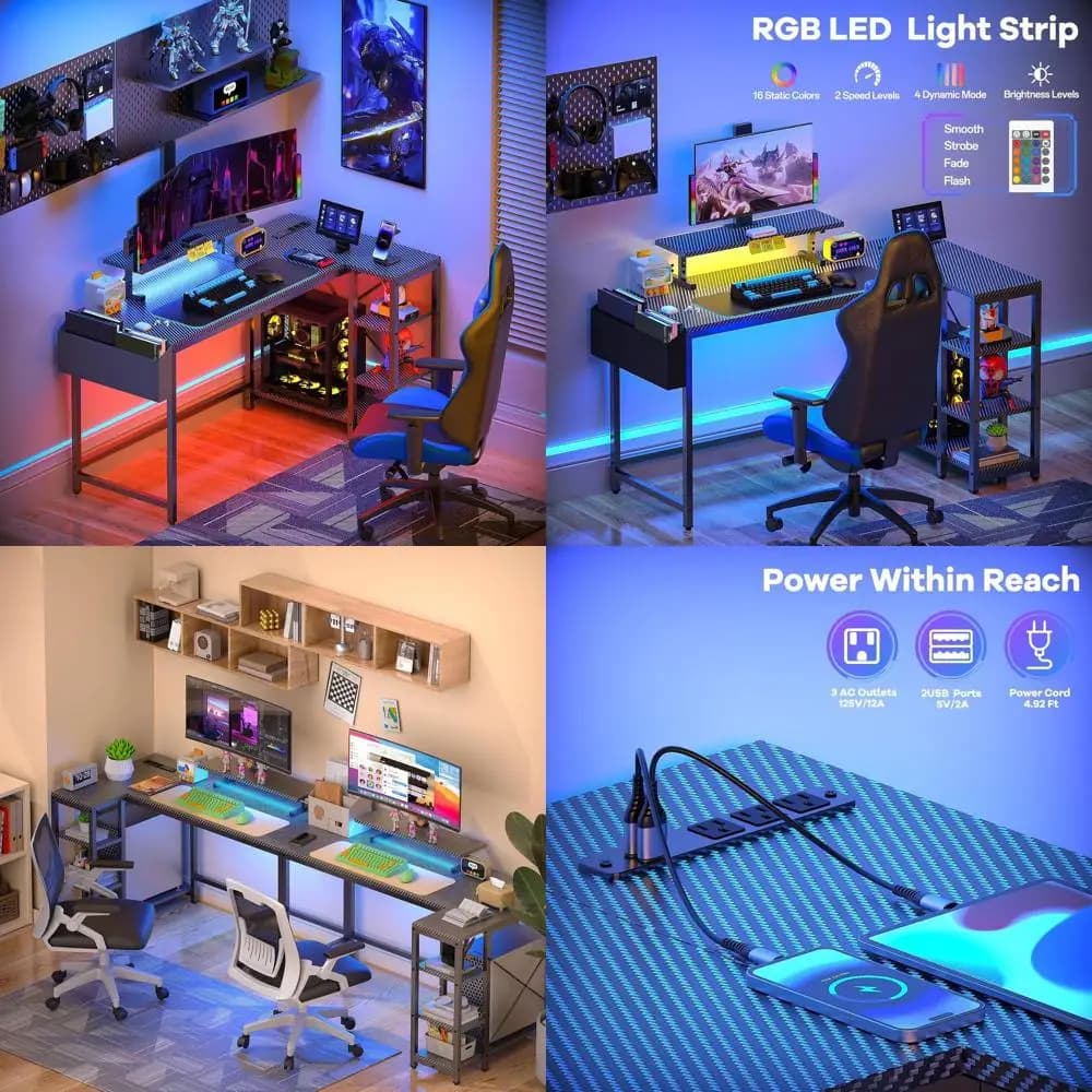 Scrivania a forma di L nera in fibra di carbonio con luci a LED, supporto per 40 monitor e presa di corrente per ufficio domestico compatto